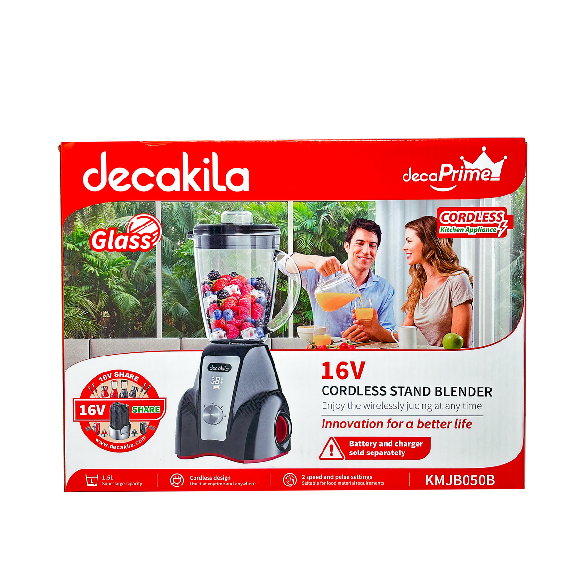 Licuadora 2 Velocidades Vaso de Vidrio 1.5 L Inalámbrica de Batería Recargable Negra Decakila KMJB050B