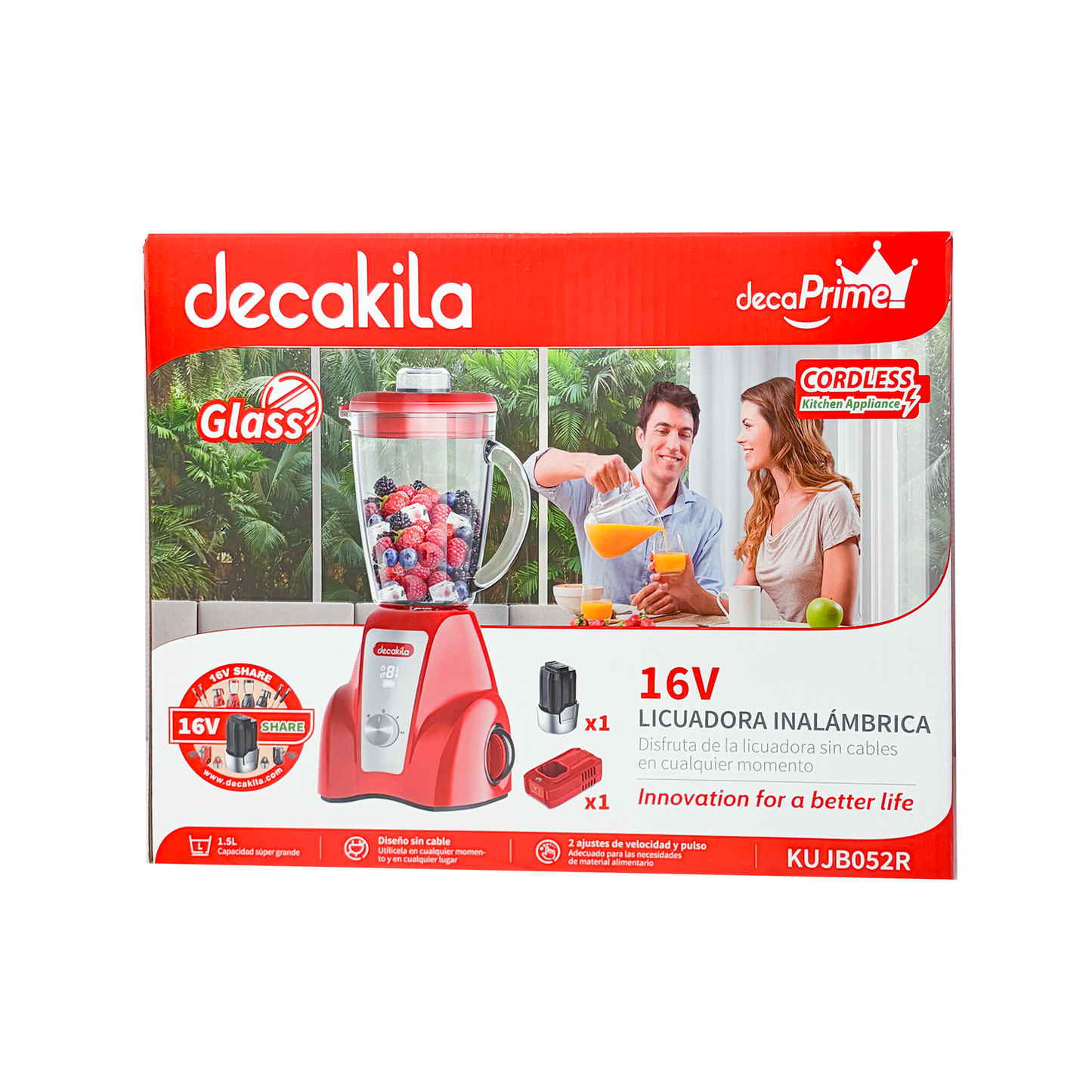 Licuadora 2 Velocidades Vaso de Vidrio 1.5 L Inalámbrica con Batería Recargable Rojo Decakila KUJB052R (Caja de 4 piezas)