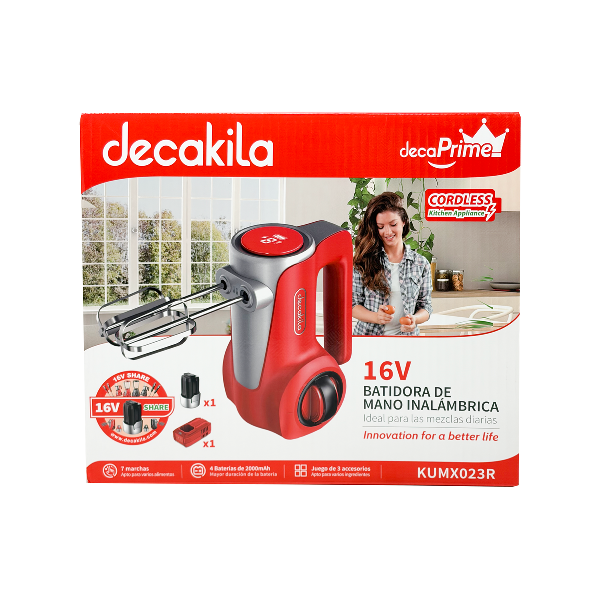 Batidora de Mano 7 Velocidades Inalámbrica con Batería Recargable Rojo Decakila KUMX023R (Caja de 4 piezas)