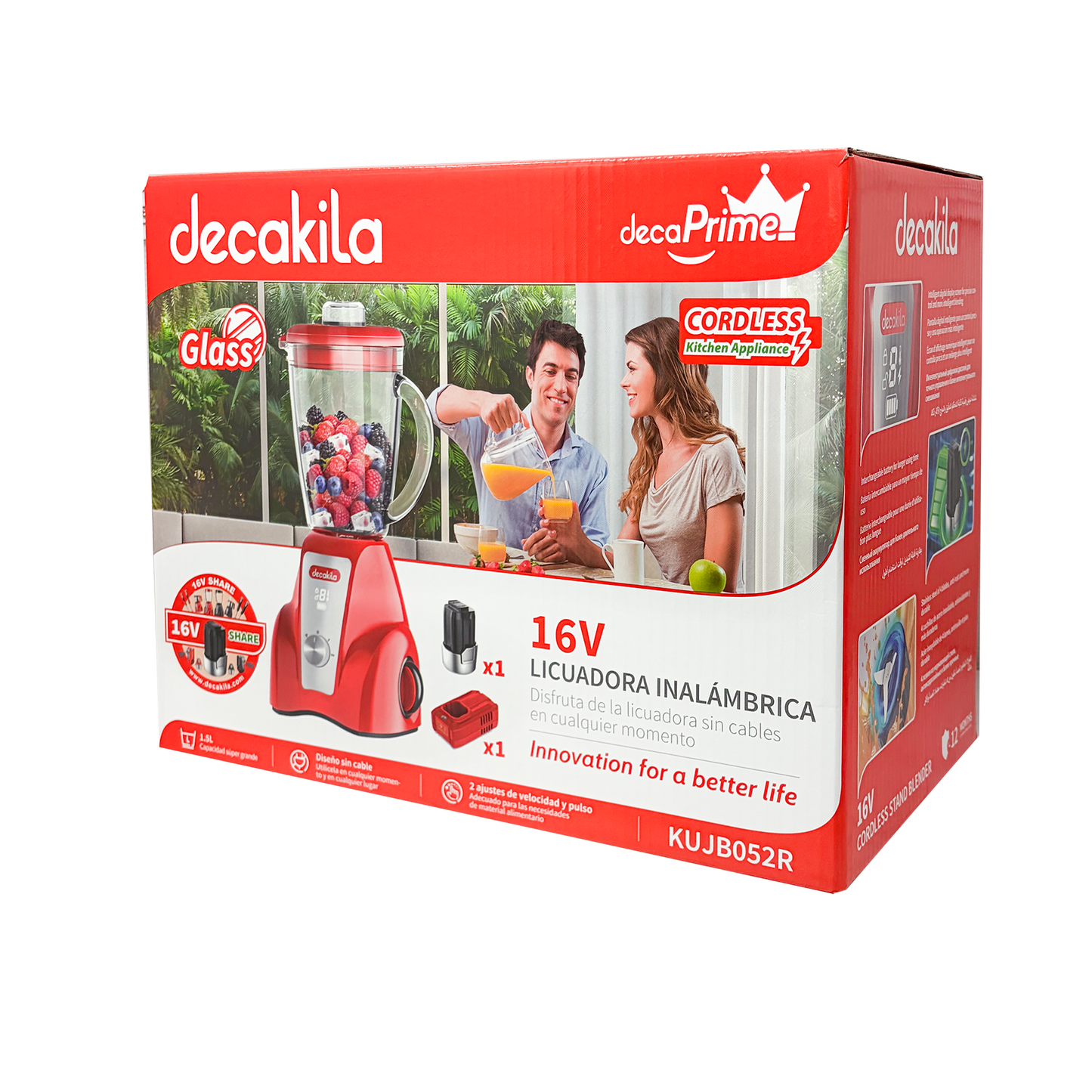 Licuadora 2 Velocidades Vaso de Vidrio 1.5 L Inalámbrica con Batería Recargable Rojo Decakila KUJB052R (Caja de 4 piezas)