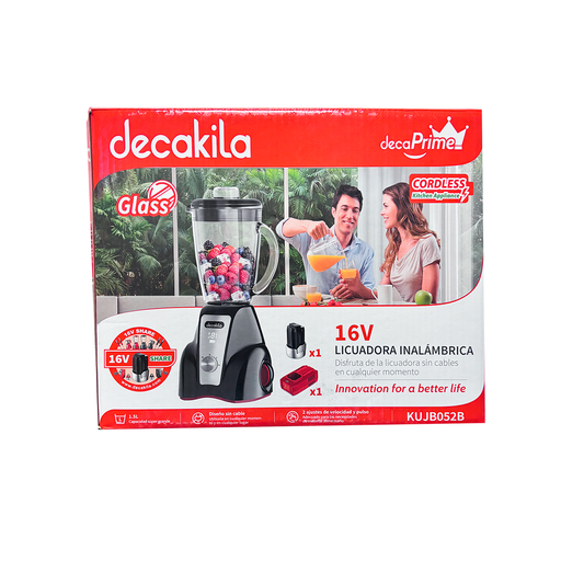 KUJB052B  Licuadora 2 Velocidades Vaso de Vidrio 1.5 L Inalámbrica con Batería Recargable Negro Decakila  (Caja de 4 Piezas)