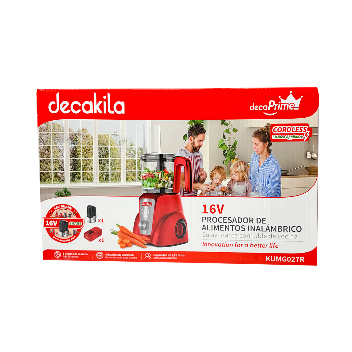 Procesador de Alimentos 1.25 L Inalámbrico con Batería Recargable Rojo Decakila KUMG027R (Caja con 2 piezas)