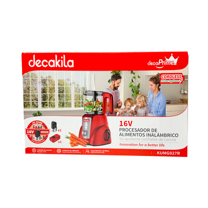 Procesador de Alimentos 1.25 L Inalámbrico con Batería Recargable Rojo Decakila KUMG027R (Caja con 2 piezas)