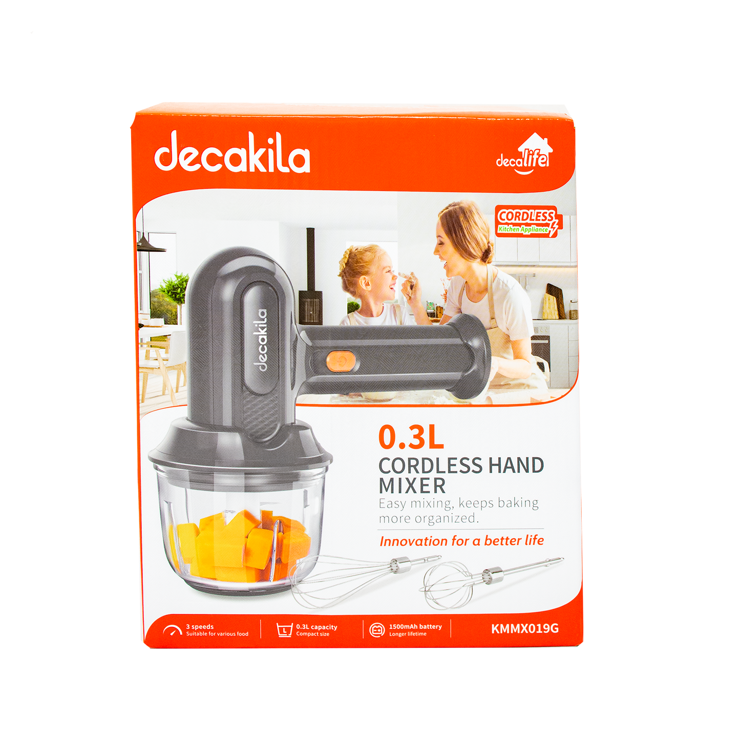 Batidora de Mano Inalámbrica 3 Velocidades con Tazón Procesador de 300 ml Negra Decakila KMMX019G (Caja con 6 Piezas)