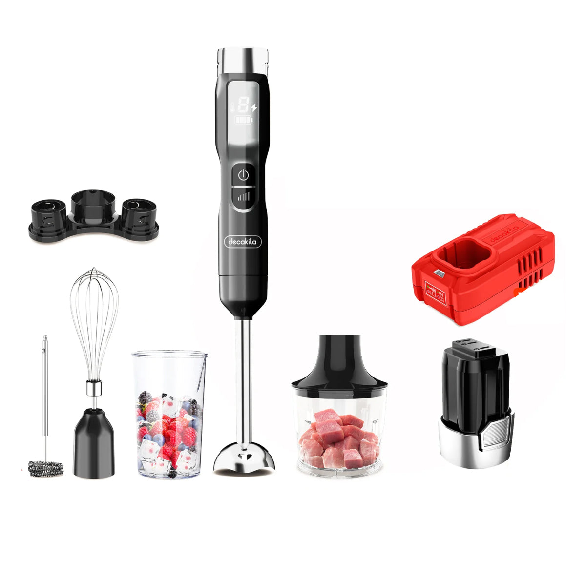 Batidora de Inmersión 5 Velocidades con Accesorios 5 en 1 Inalámbrica con Batería Recargable Negra Decakila KUJB056B (Caja con 6 piezas)